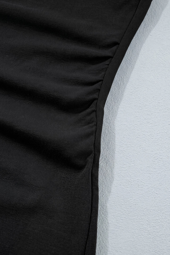 Black Color Block Drape V Neck Pleated Long Sleeve Top