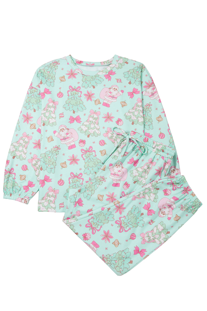 Green Abstract Print Long Sleeve Two Piece Lounge Set