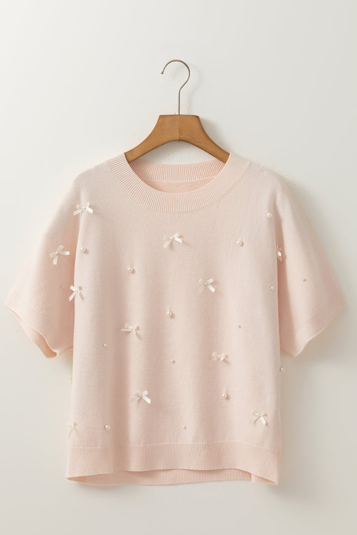 Chic Pearl Bow Embellished Dolman Short Sleeve Sweater