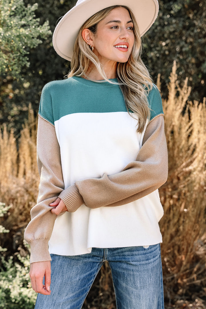 Color Block Plain Ribbed Knit Baggy Sweater
