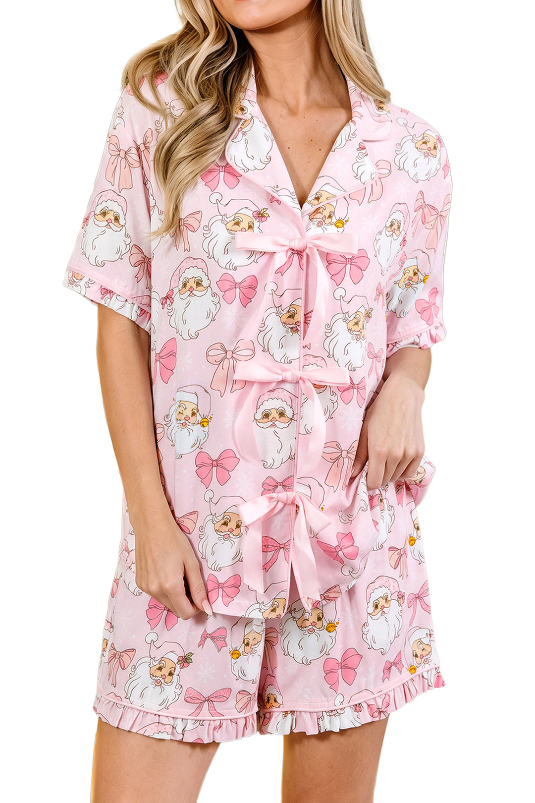 Pink Santa Print Paneling Shift Silhouette Short Sleeve Lounge Set