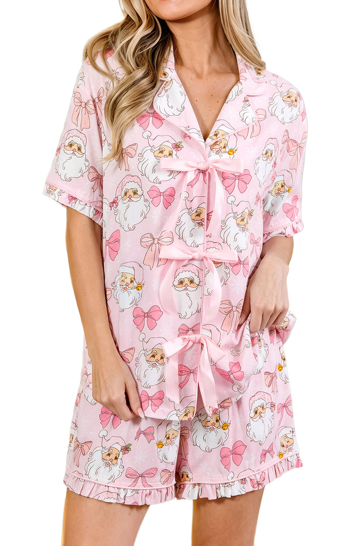 Pink Santa Print Paneling Shift Silhouette Short Sleeve Lounge Set