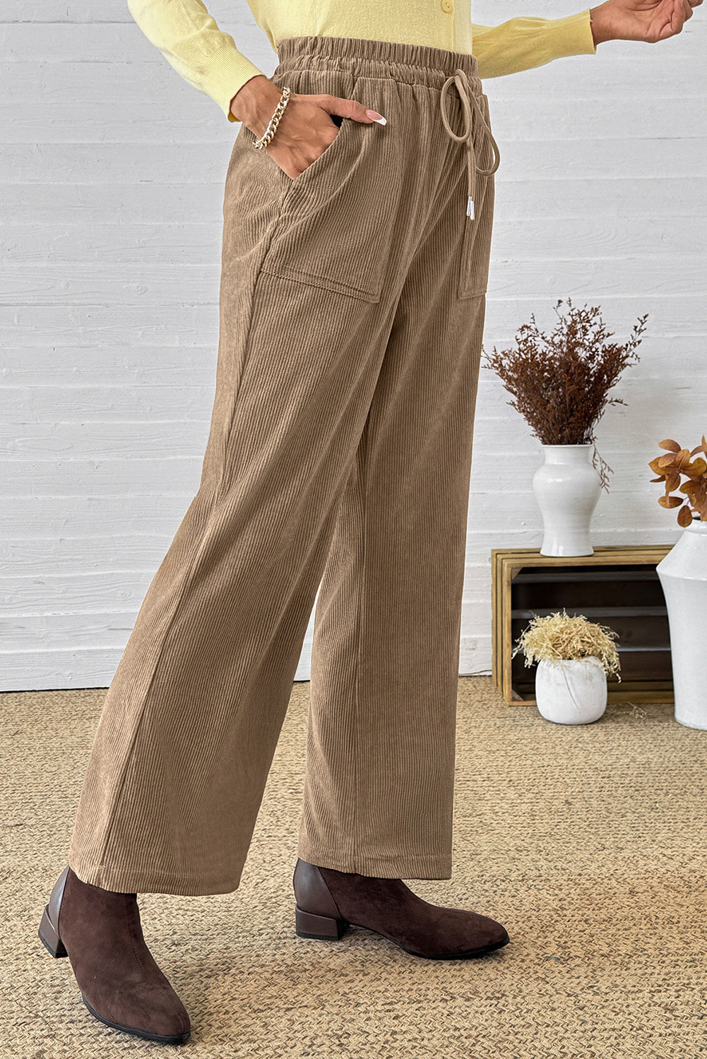 Parchment Tie Elastic Waist Soft Corduroy Pants