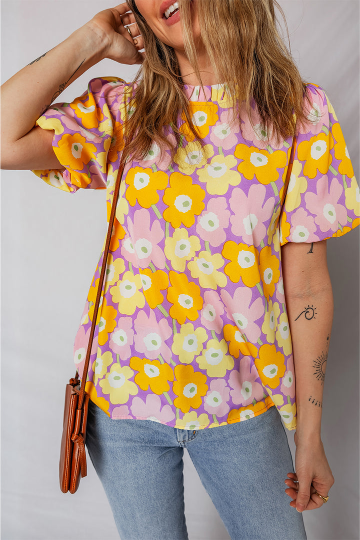 Frilled Neck Puff Short Sleeve Flower Top