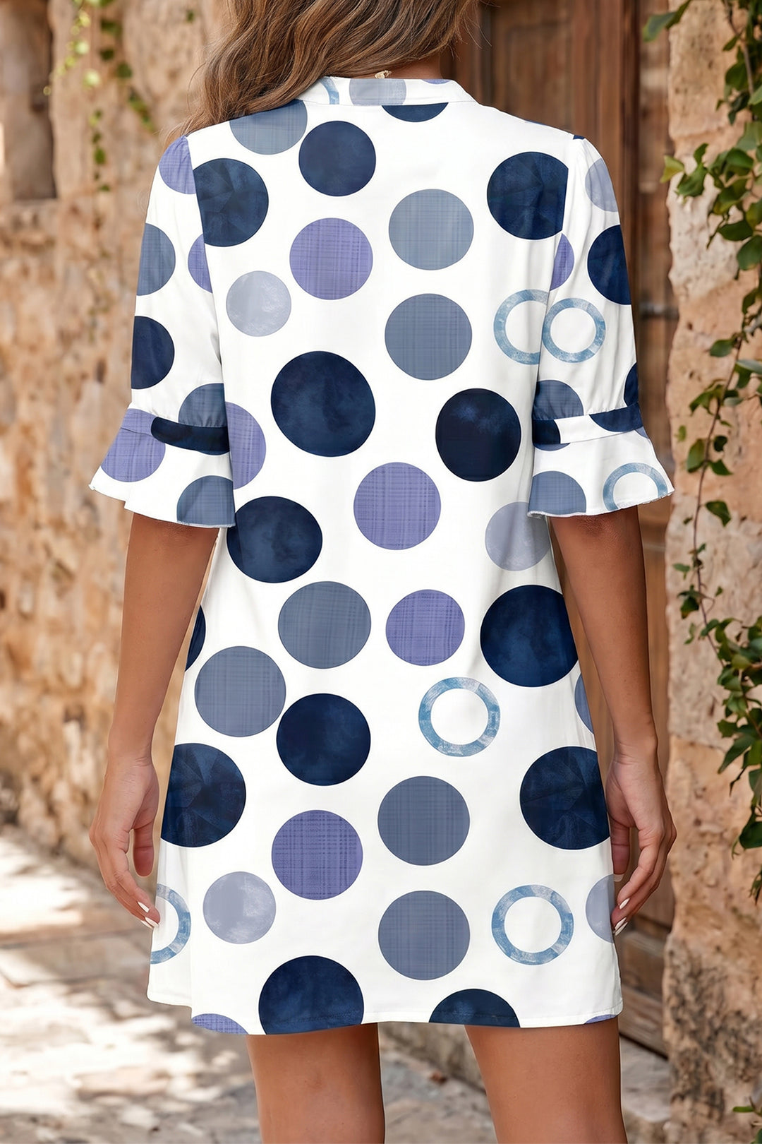Blue Polka Dot Print Flounced Half Sleeve Casual Vacation Style Mini Dress