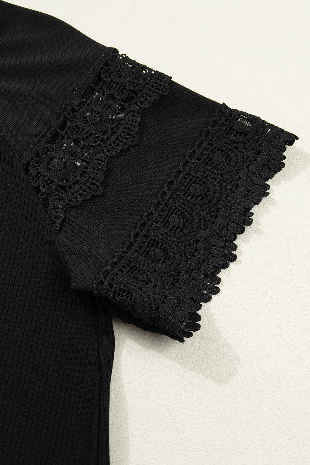 Black Ribbed Lace Patchwork Short Sleeve Top