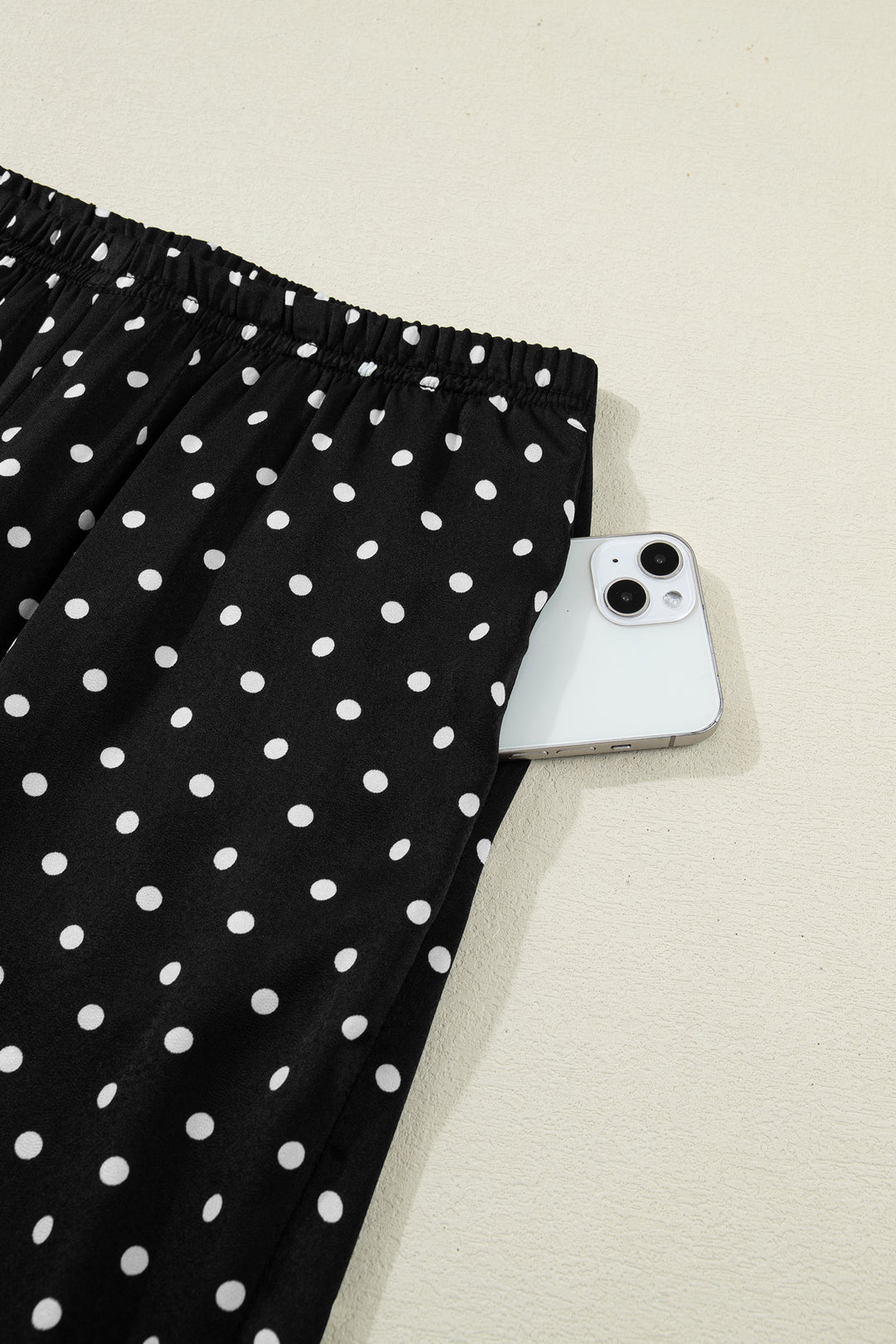 Black Polka Dot Print Elastic Waist Lace Hem Loose Pants