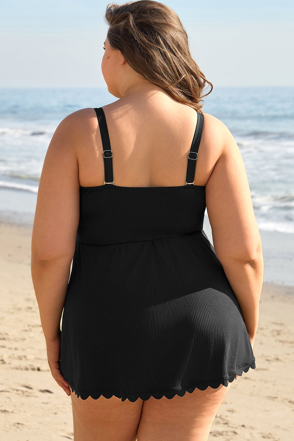 Plus Size Textured Scalloped Trim Swim Dress with Panty