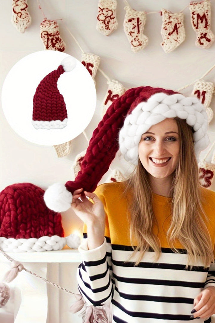 Color Block Pom Pom Decor Chunky Knitted Christmas Hat