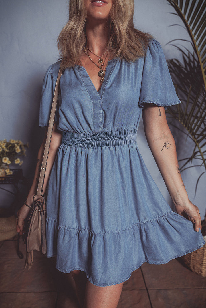 Ruffled V Neck Smocked High Waist Denim Mini Dress