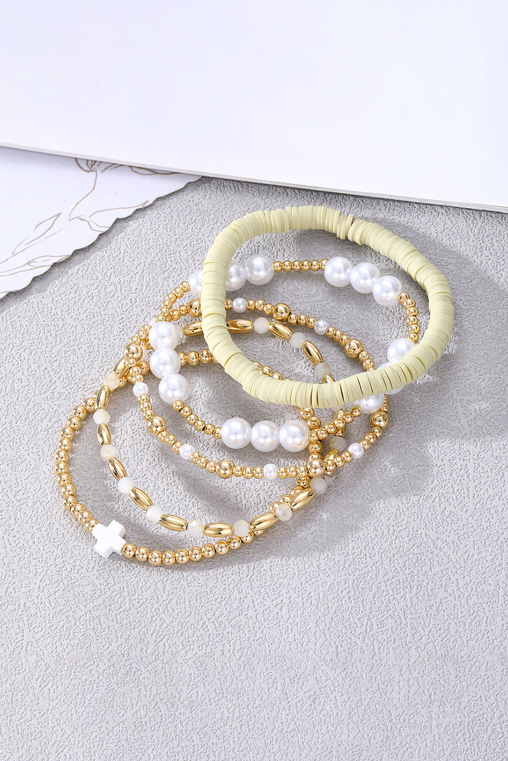 Plated Beading Pearl Detail 5pcs Elastic Bracelet Set