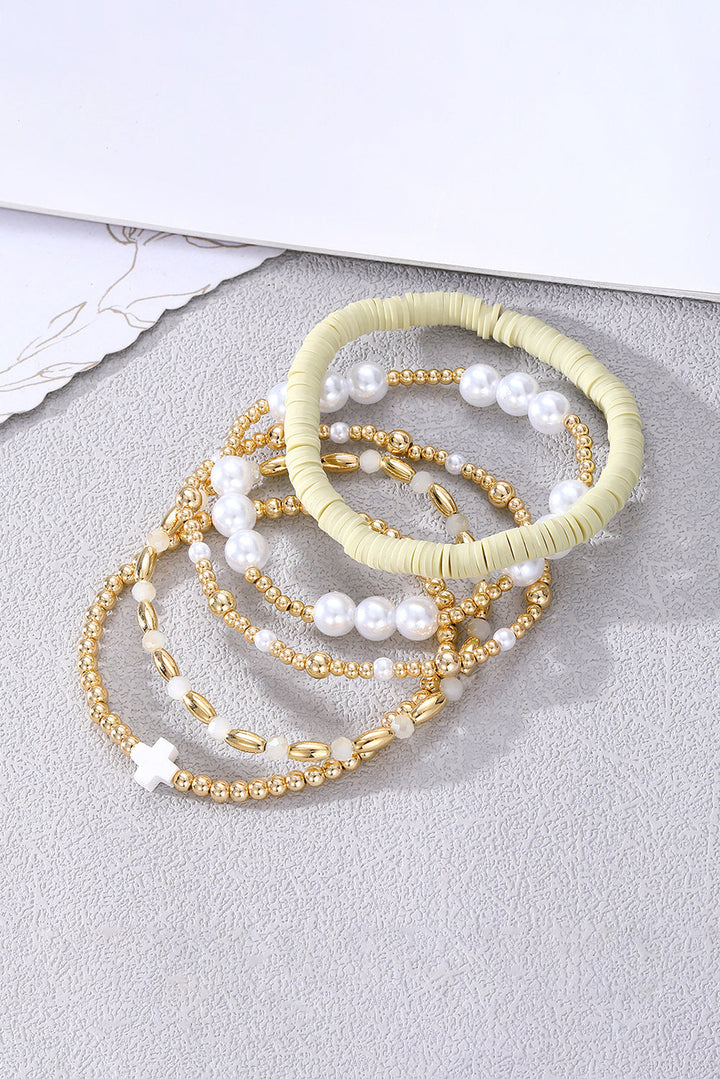 Plated Beading Pearl Detail 5pcs Elastic Bracelet Set