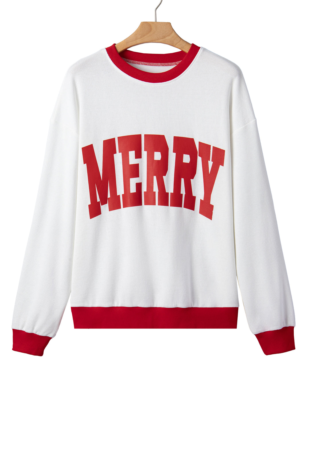 Beige Color Block Trim Merry Slogan Pullover Sweatshirt