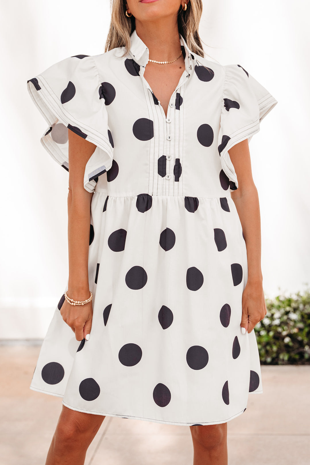 Polka Dot Print Half Button Ruffled Short Sleeve Loose Mini Dress