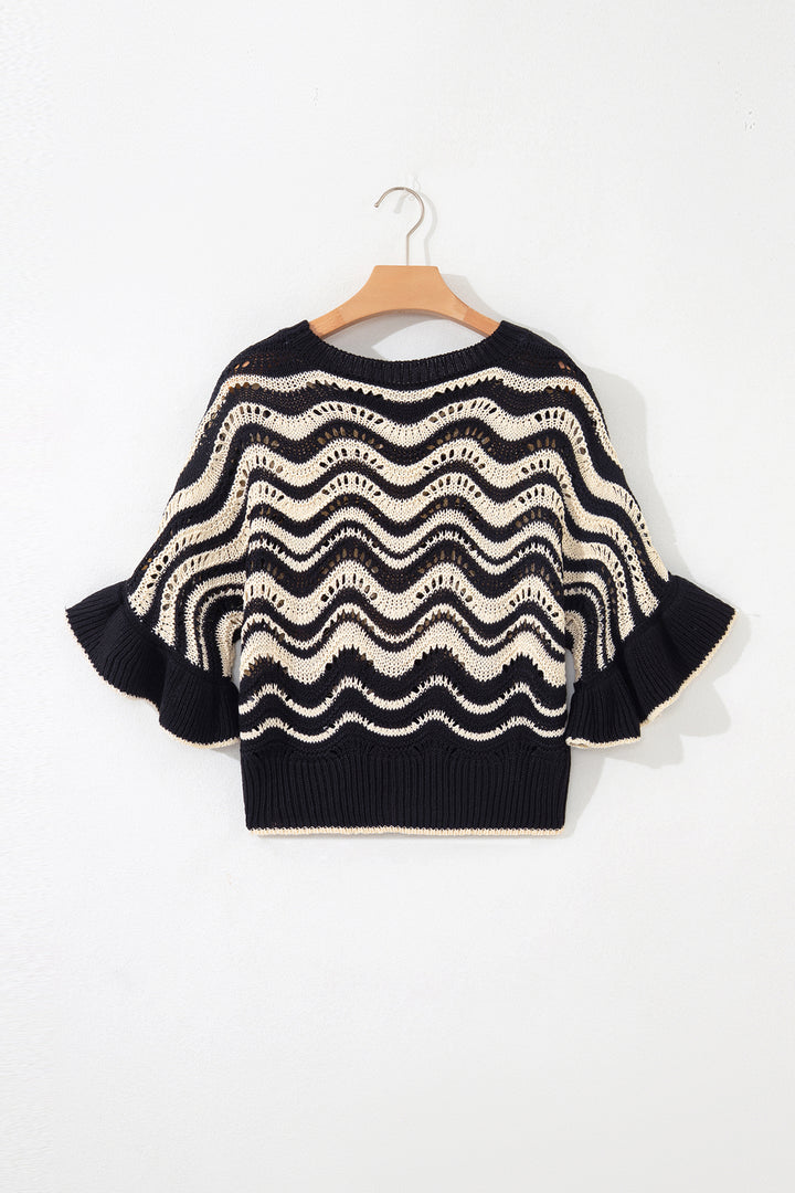 Black Stripe Wavy Crochet Eyelet Detail Ruffle Half Sleeve Sweater
