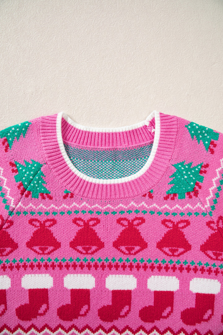 Pink Christmas Holiday Graphic Round Neck Knit Sweater