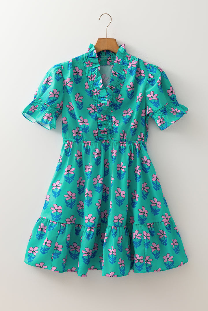 Green Floral Print Frilly Smocked Detail High Waist Mini Dress