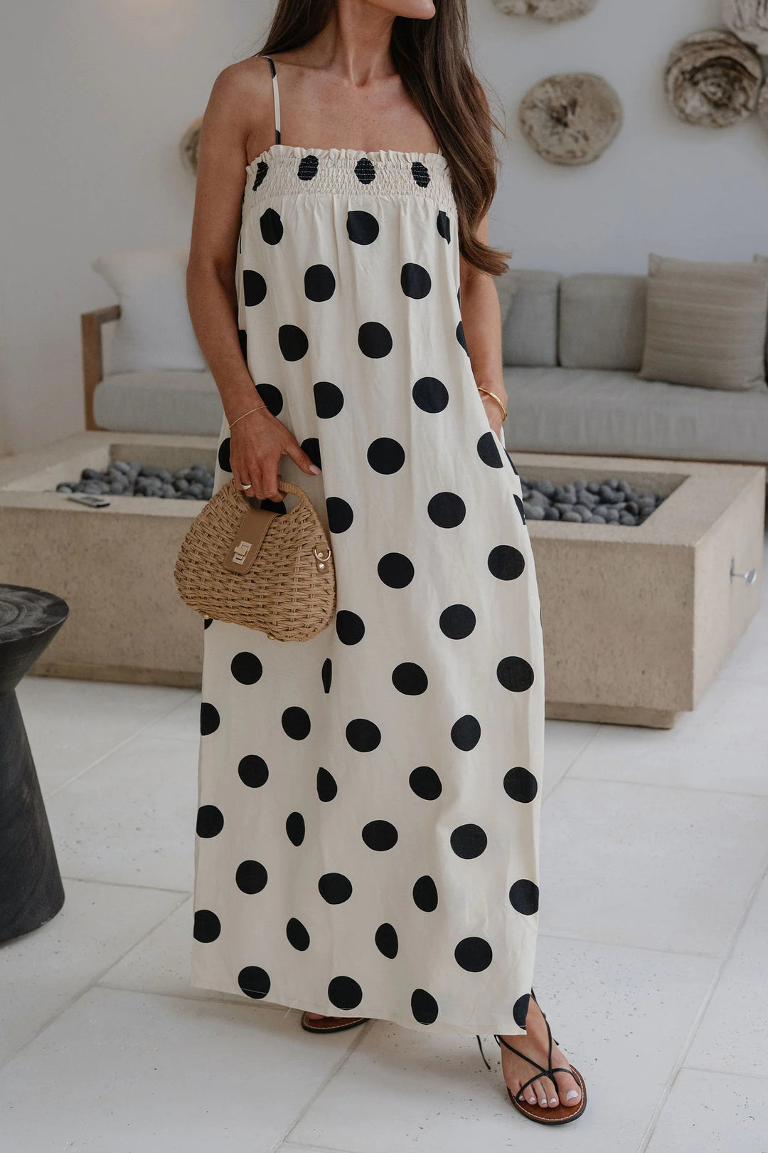 White Polka Dot Spaghetti Straps Maxi Dress