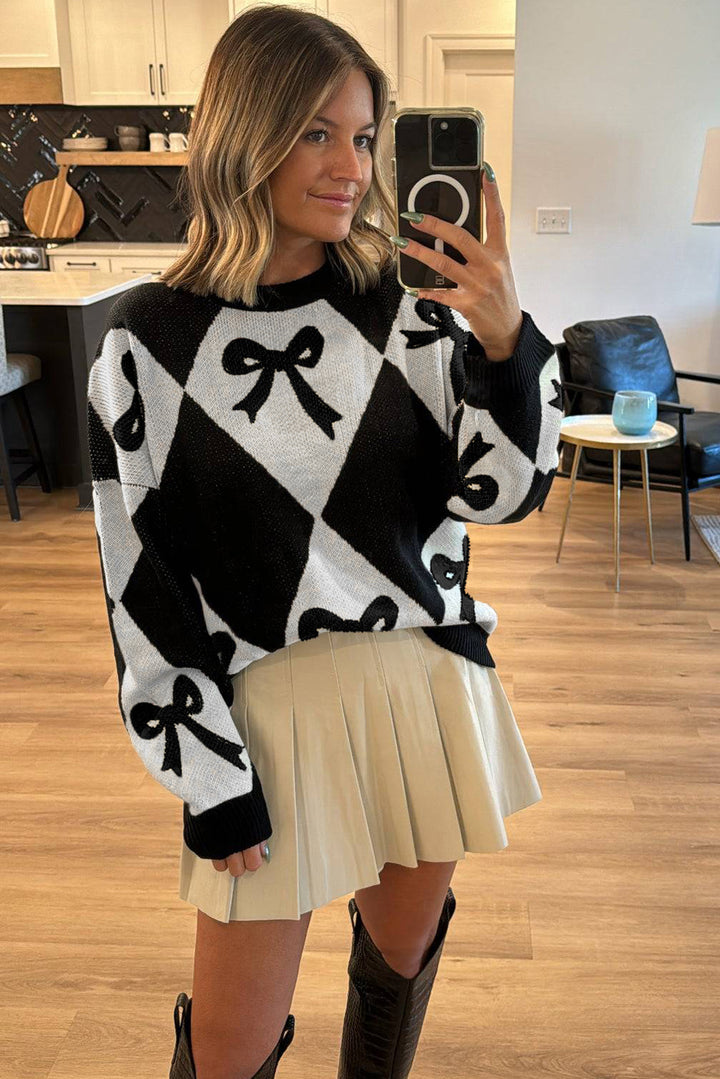 Bow Print 2-tone Rhombus Knit Loose Sweater