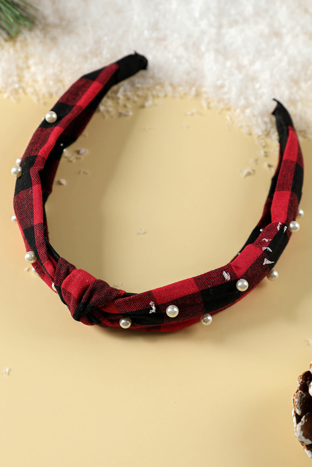 Bandeau noué à carreaux de Noël avec décoration en perles