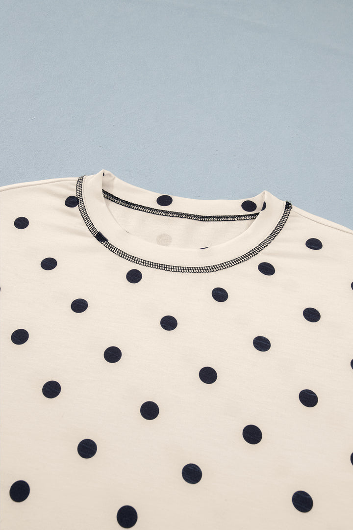 White Polka Dot Short Sleeve Loose Top Drawstring Shorts Set