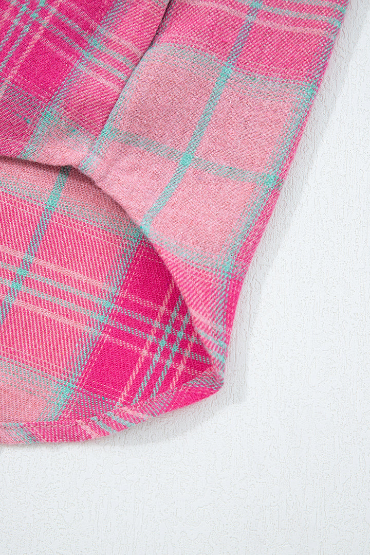 Sachet Pink Plaid Print Rounded Hem Long Sleeve Shirt with Pockets