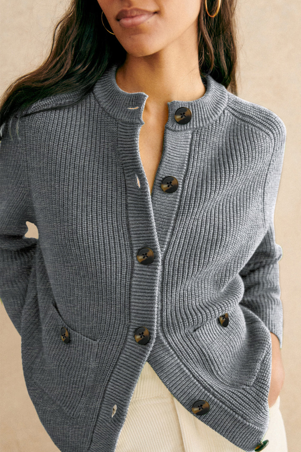 Chunky Buttoned Front Round Neck Cardigan Sweater
