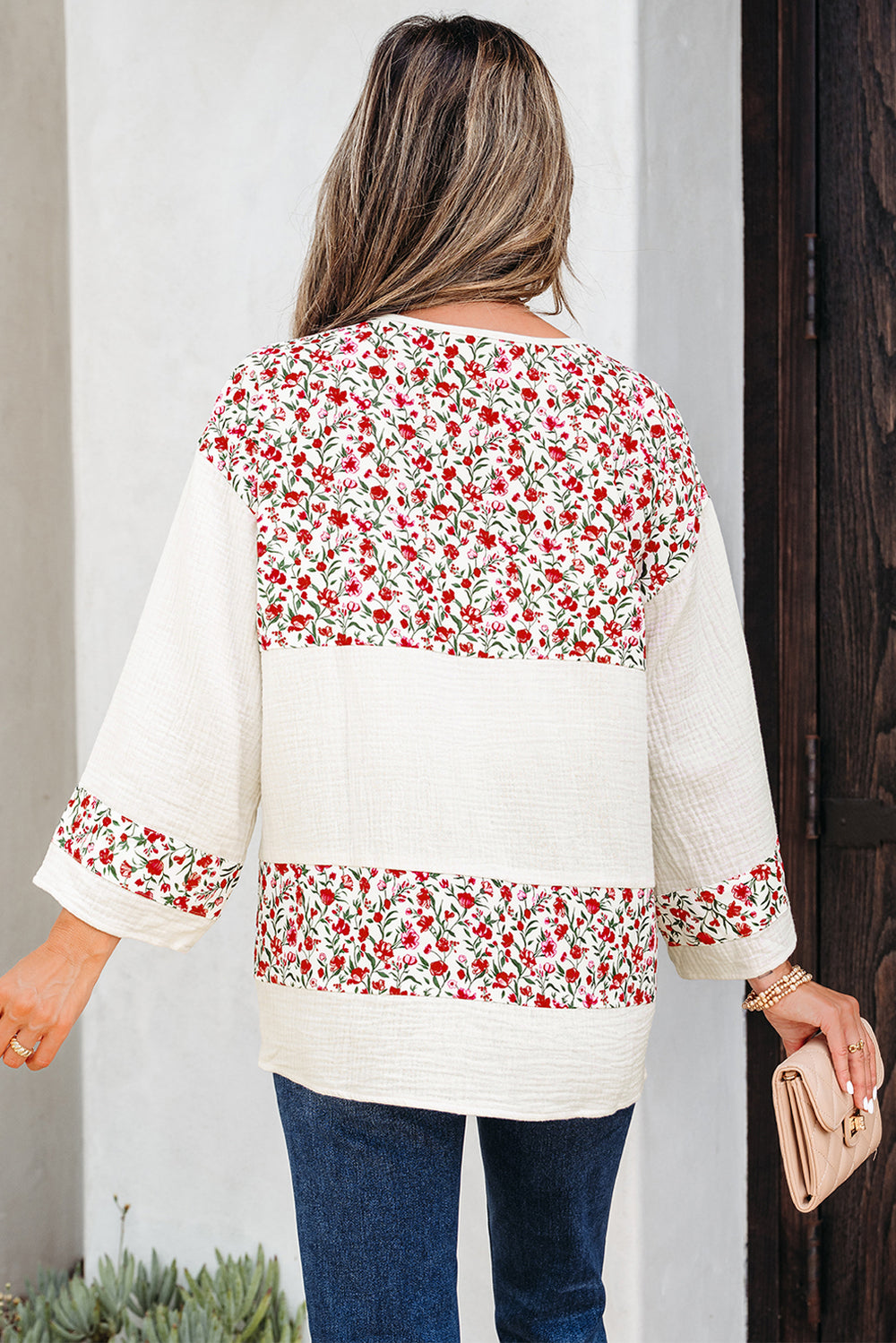 Floral Print Gauze Patchwork Henley Button 3/4 Sleeve Blouse