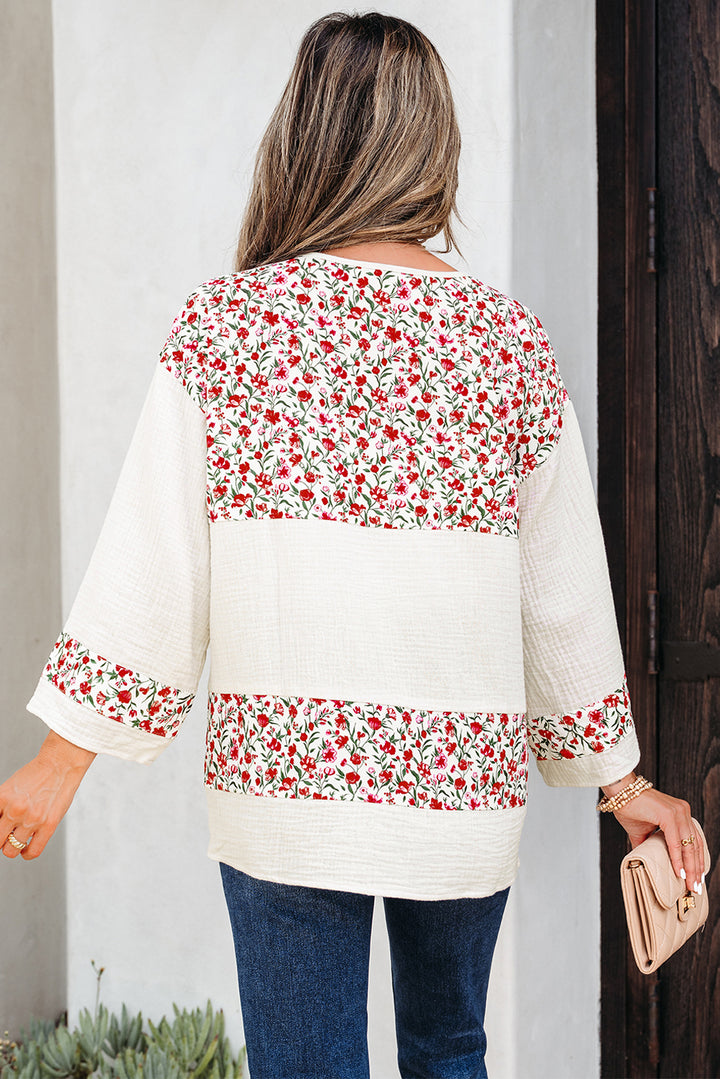 Floral Print Gauze Patchwork Henley Button 3/4 Sleeve Blouse
