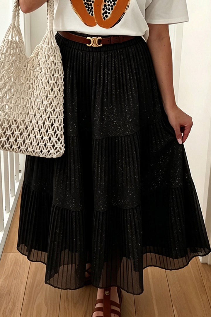 Black Solid Color Shimmer Detail Pleated Tiered Long Skirt