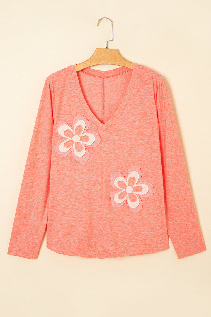 Floral Patchwork V Neck Long Sleeve T Shirt
