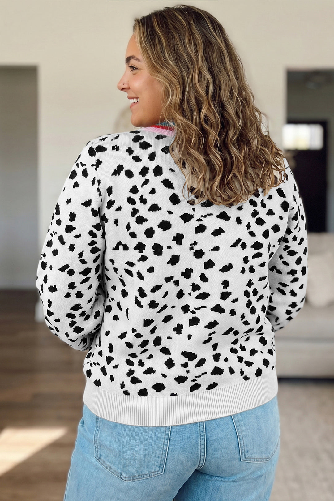 White Leopard Print Round Neck Long Sleeve Tunic Plus Size Sweater