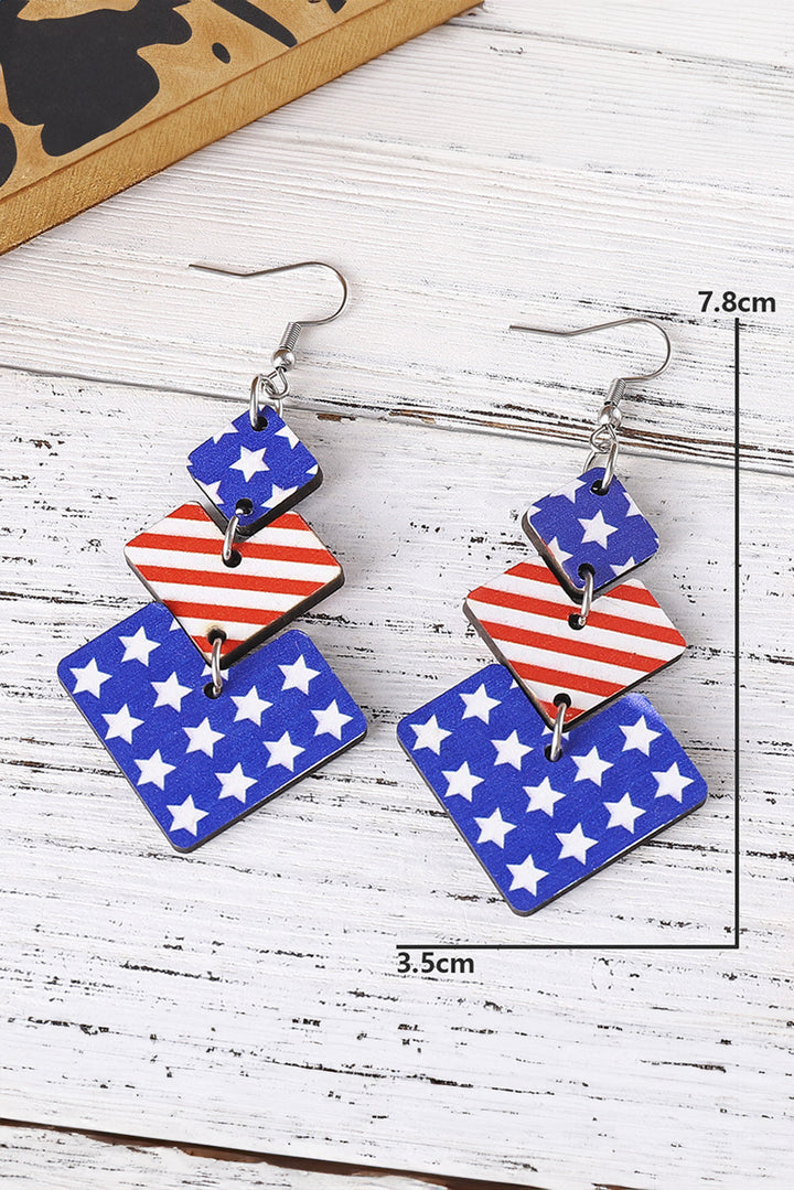 Boucles d'oreilles pendantes géométriques en bois avec motif drapeau et étoiles