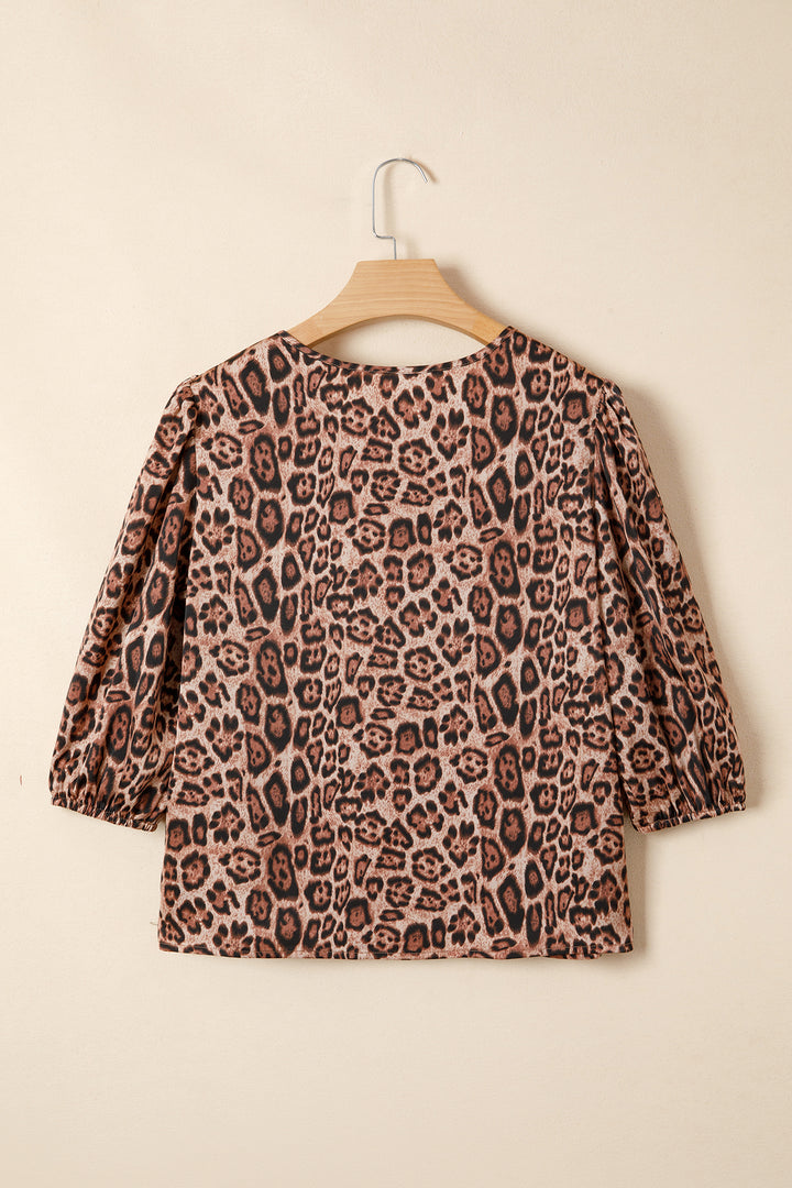 Leopard Bow Tie Puff Sleeve Blouse