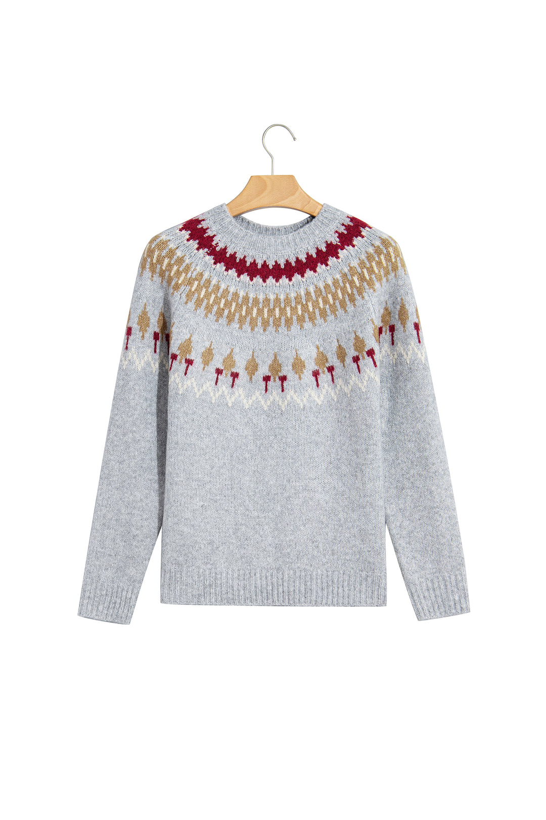 Gray Geometric Detail Round Neck Winter Sweater