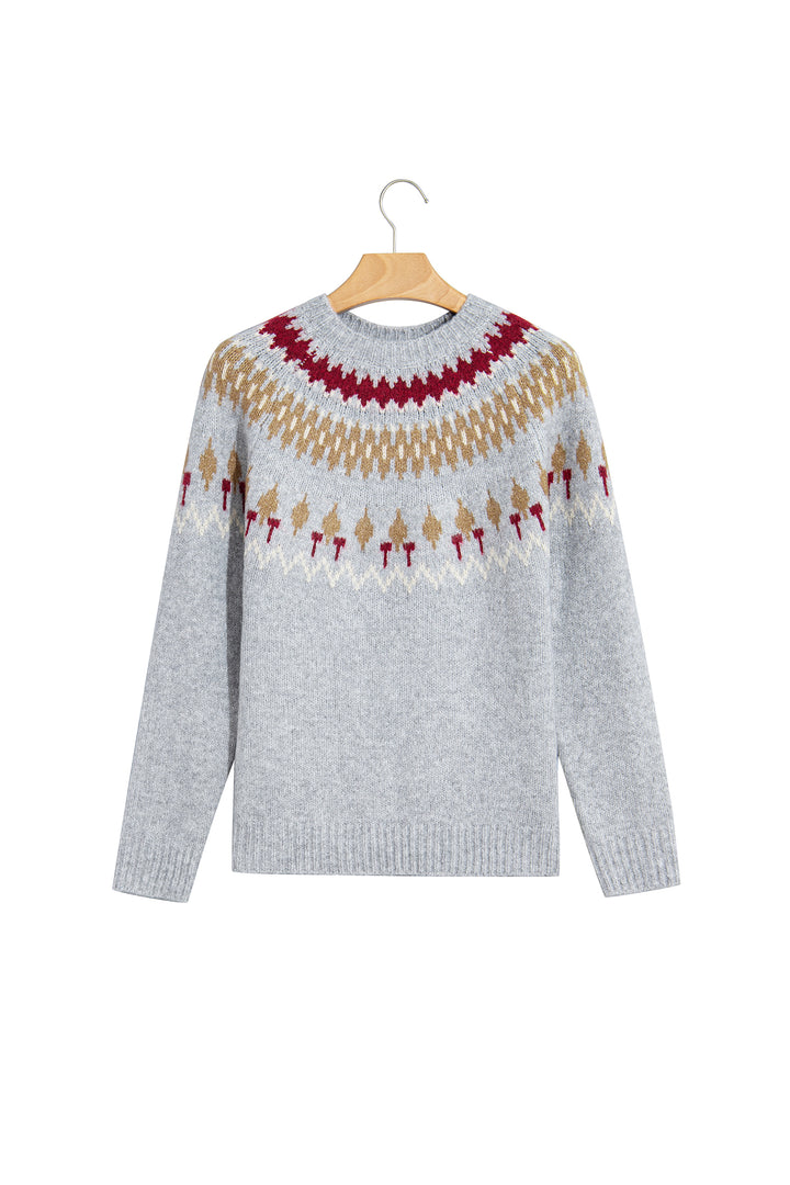 Gray Geometric Detail Round Neck Winter Sweater