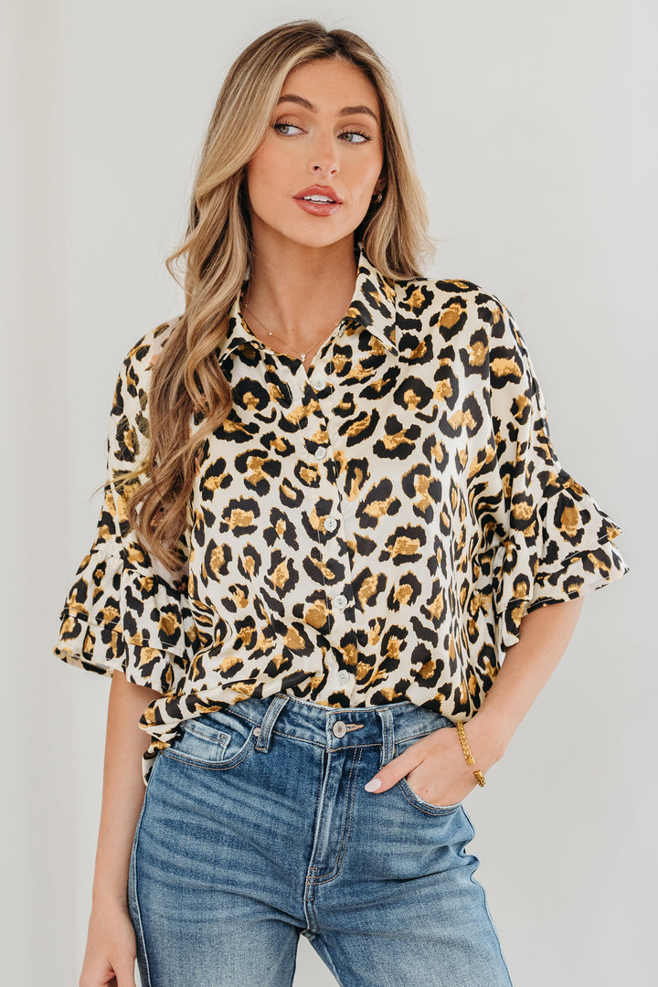 Leopard Print Ruffle Trim 3/4 Sleeve Loose Shirt