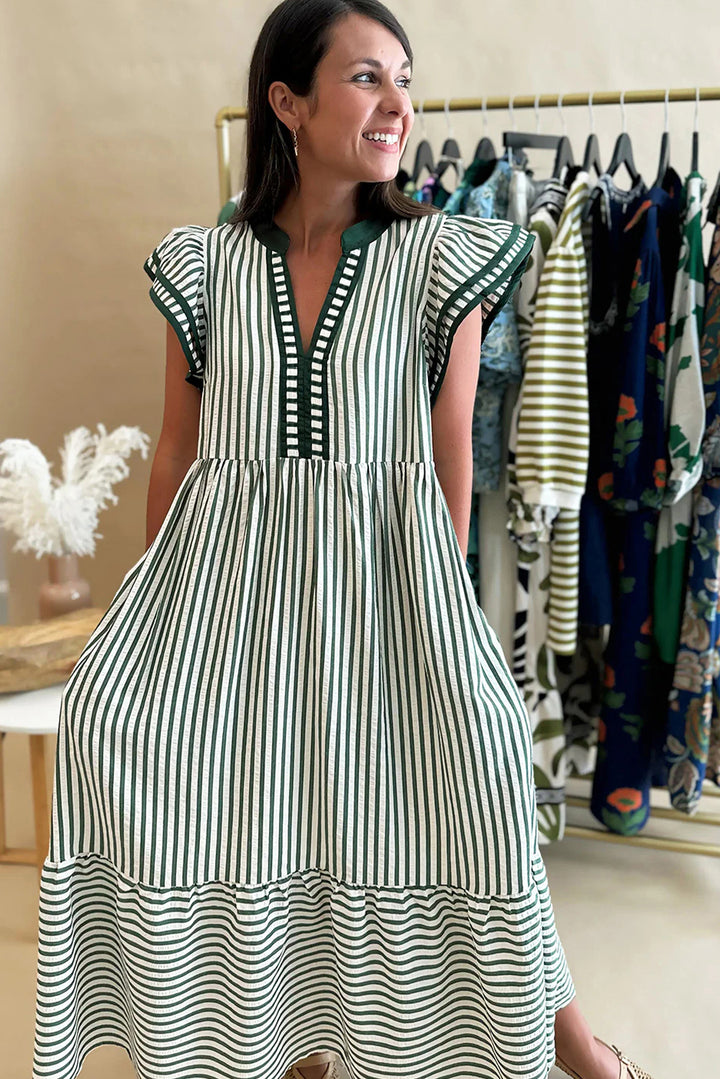 Double Ruffled Short Sleeve Contrast Trim V Neck Midi Dress