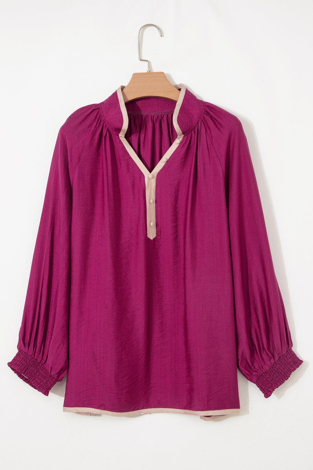 Wild Ginger Plus Size Contrast Trim Button V Neck Puffy Bracelet Sleeve Blouse
