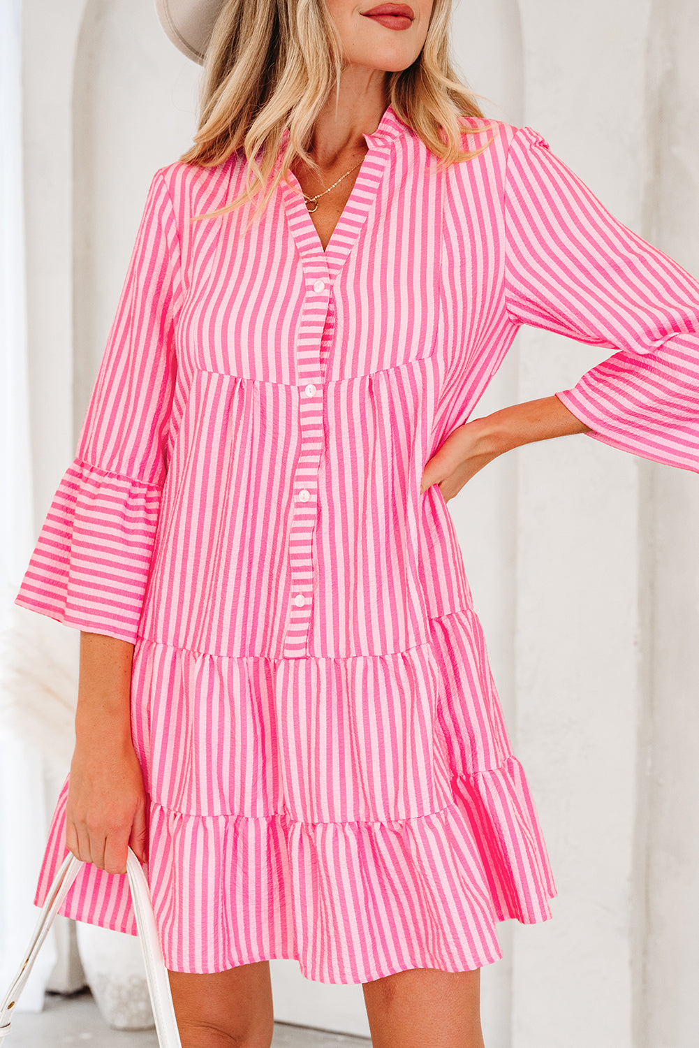 Flare Sleeve Half Placket Tiered Flowy Mini Dress