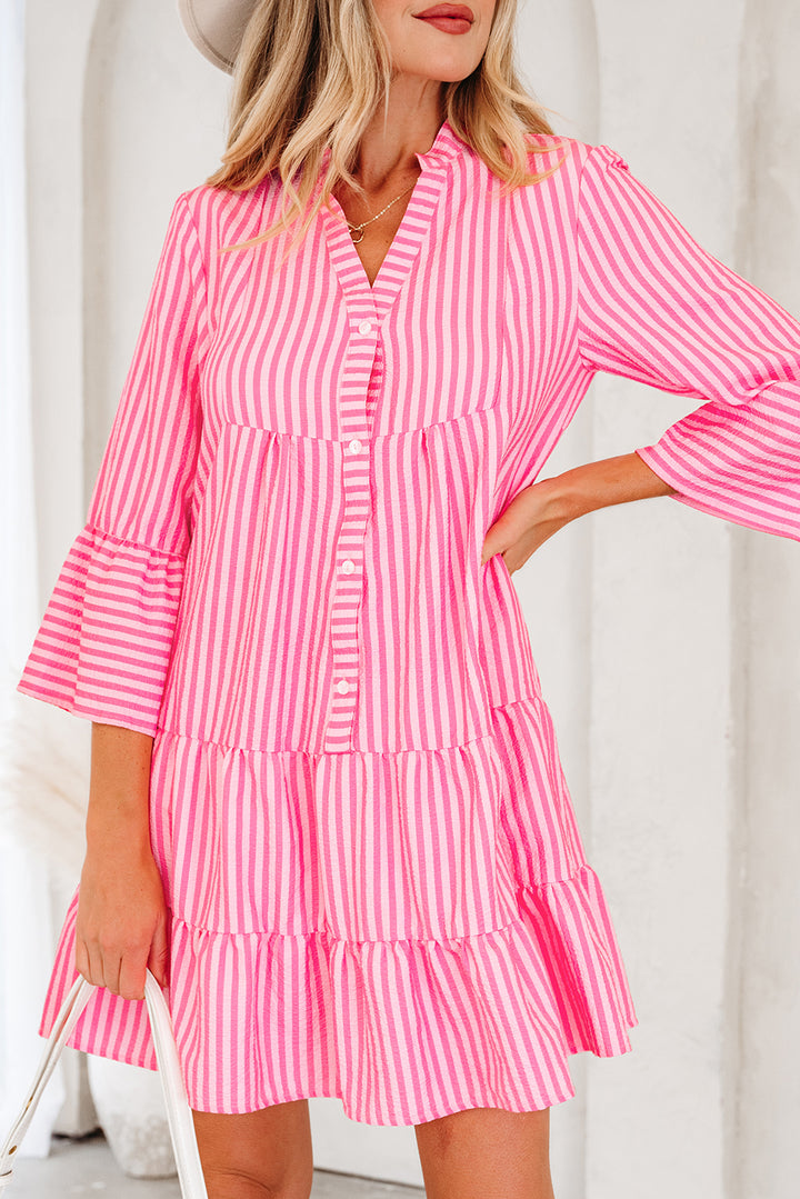 Flare Sleeve Half Placket Tiered Flowy Mini Dress