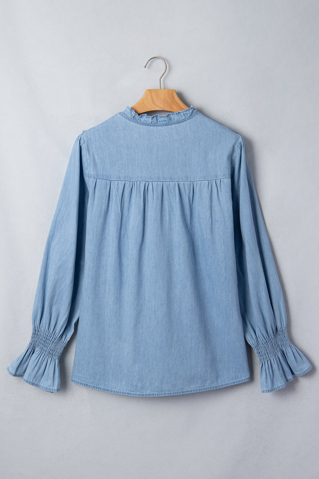 Beau Blue Western Ruffle V Neck Long Sleeve Chambray Blouse