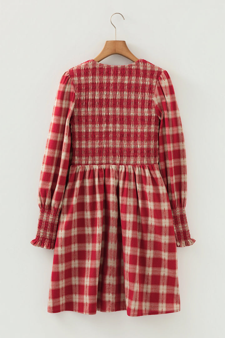 Plaid Print Smocked Puff Sleeve Mini Dress