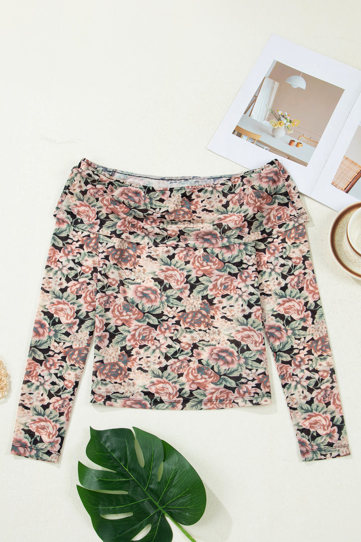 Floral Print Mesh Long Sleeve Foldover Off Shoulder Top