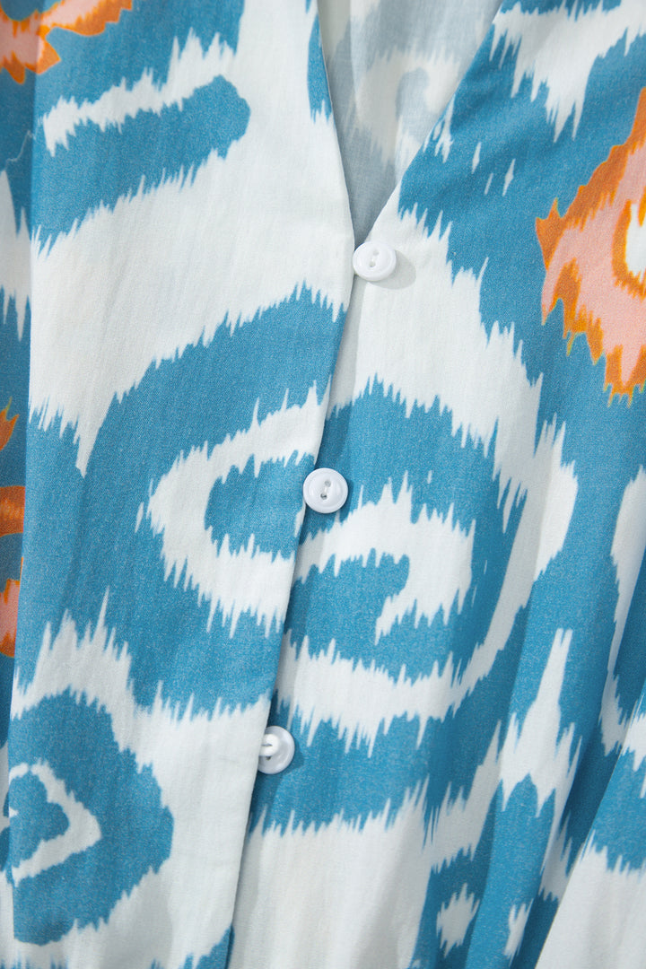 Sky Blue Boho Floral Print Short Puff Sleeve Button Down Ruffle Hem Midi Dress