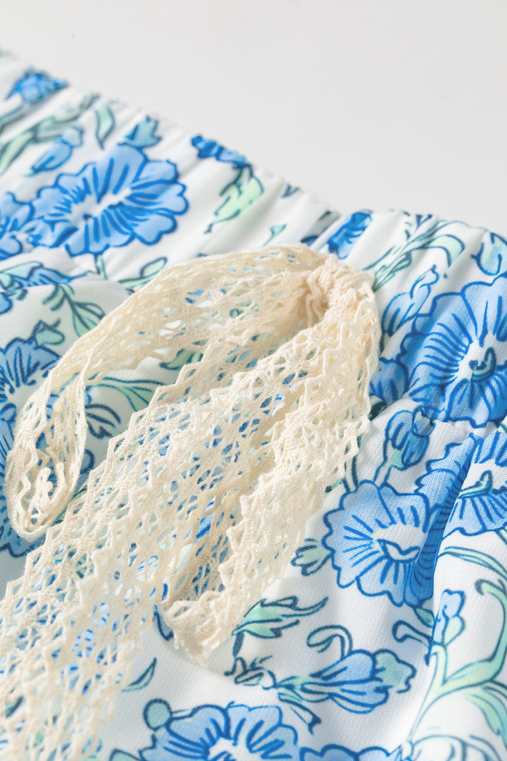 Sky Blue Summer Floral Striped Ruffle Hem Lace Tie Shorts