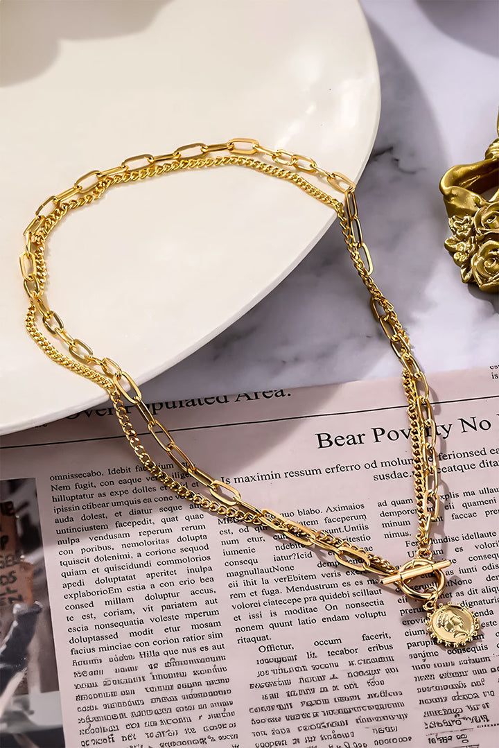 Plated Vintage Carved Coin Pendant Chain Necklace