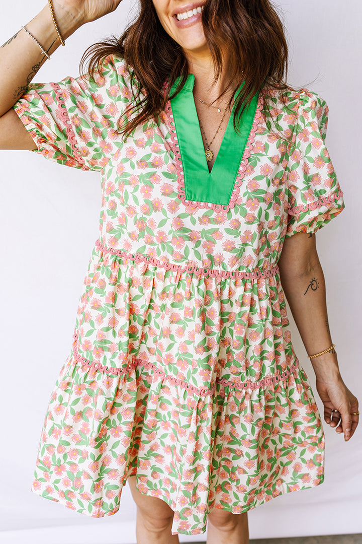Contrast Neckline Ricrac Trim Floral Short Puff Sleeve Dress