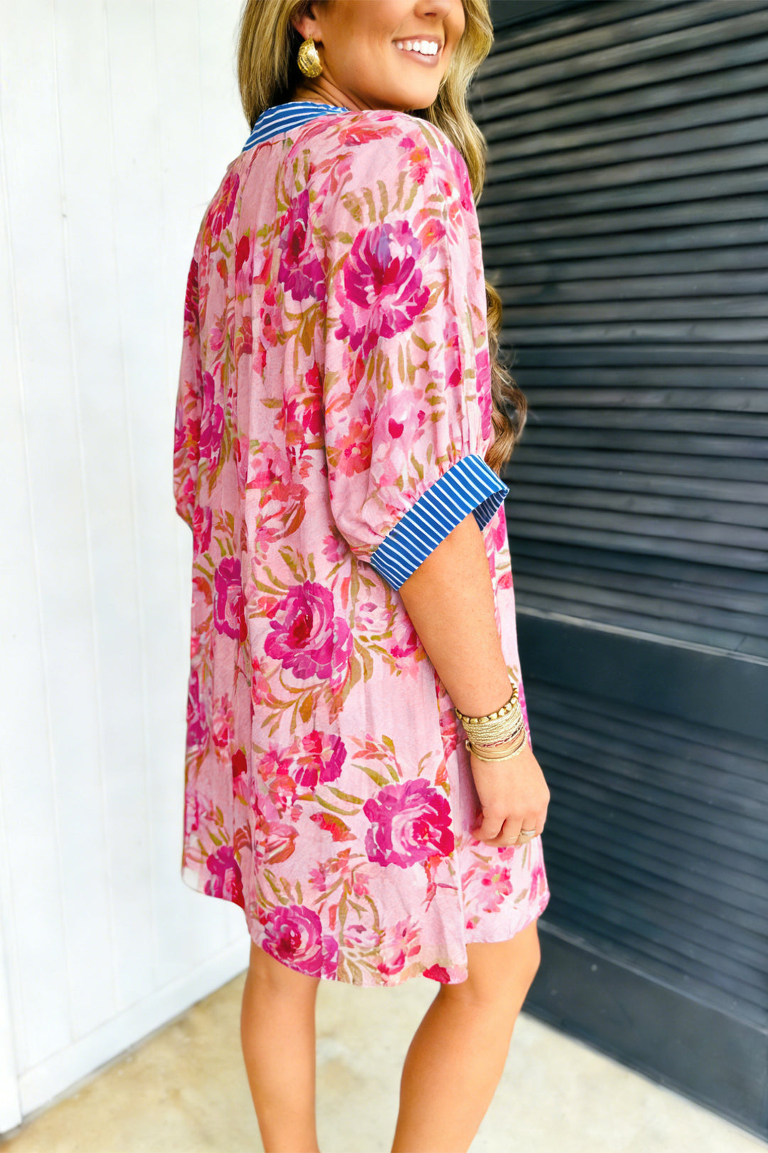 Multicolour Floral Striped Half Sleeve Mini Dress