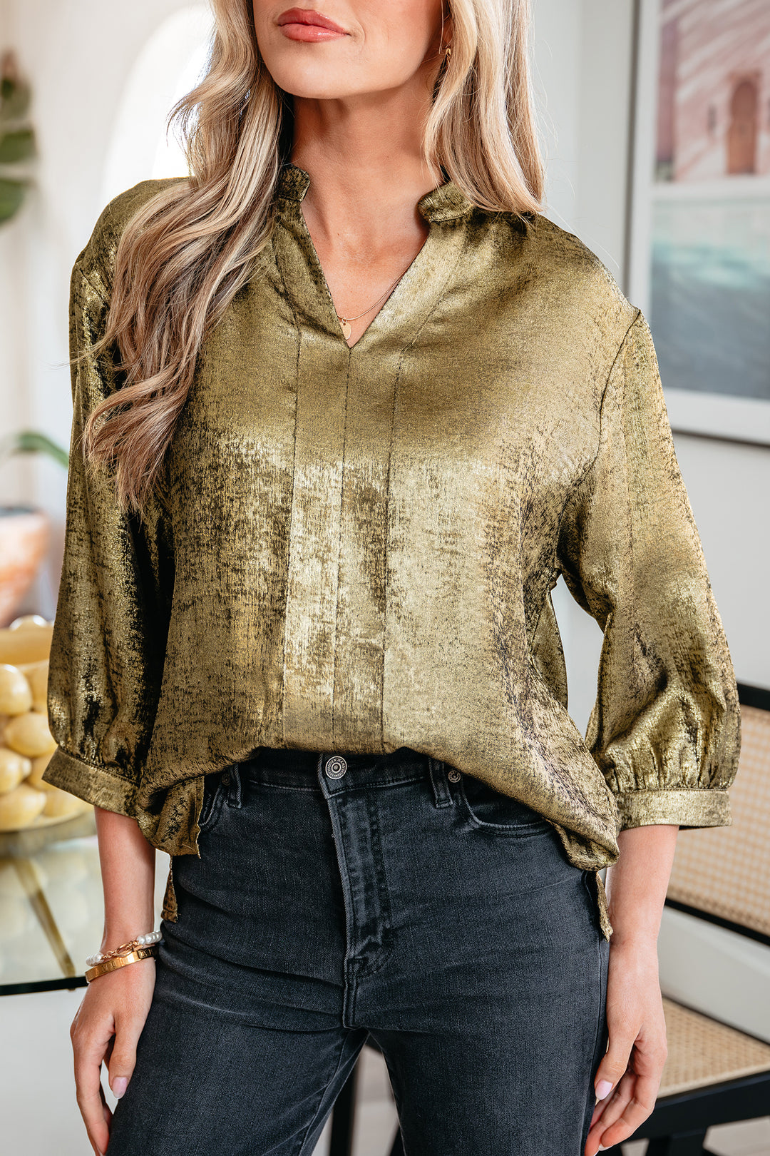 Metallic Split Neck Half Sleeve Blouse